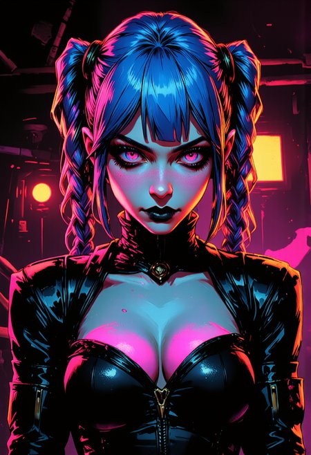  ArcaneFGTNRhigh stylish dark illustration of a cyberpunk femme fatale with blue braided long pigtails, vibrant rainbow eyes, glossy black lipstick, confident and alluring expression, cinematic lighting, dark futuristic background, ultra-detailed, vibrant colors.
