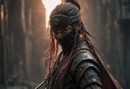 Super Closeup Portrait, Craft a compelling story inspired by the dystopian scene depicted in the photo, showcasing a blindfolded shinobi skillfully wielding swords to intercept brilliantly colored blades cascading from above. Explore the stark contrast between the ominous, dystopian backdrop and the vibrant, transparent blades in descent. Dive into the emotions, obstacles, and enigmatic ambiance conveyed by this distinctive scenario. very detailed, light red backlight, raw photo, atmospheric haze, Film grain, cinematic film still, shallow depth of field, highly detailed, high budget, cinemascope, moody, epic, OverallDetail, gorgeous, 2000s vintage RAW photo, photorealistic, candid camera, color graded cinematic, eye catchlights, atmospheric lighting, skin pores, imperfections, natural, shallow dof