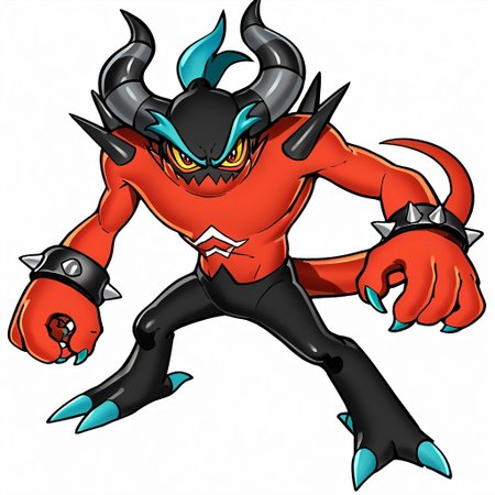 Score_7_up, score_8_up, 1boy, solo,  Zavok, zeti, yellow sclera, red eyes, horns, shoulder spikes,white background, looking at viewer, dynamic pose, full body