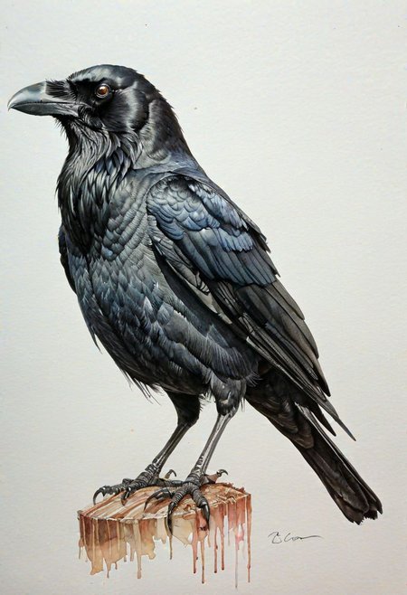 crow, pencil drawn, colored, extremely detailed, grain, (((watercolor and ink sketch))), watercolor, inkstains, very low saturation,
