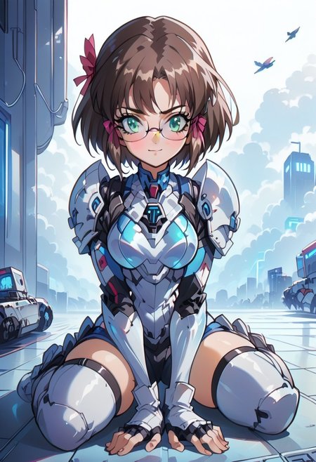 score_9, score_8_up, score_7_up, source_anime 1girl, true blue kaya, futuristic warrior girl, feminine,  short hair, brown hair, hair ribbon, bangs, looking at viewer, green eyes, glasses, blush,  smile, silver armor, silver tech, SilverPulse, sitting on floor, bent knees, defiant pose, futuristic background, neonpunk, <lora:Kaya_-_ã«ã¤_TRUE_BLUE_Gaiden_for_Pony:1>, rating_questionable