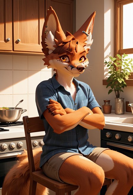 masterpiece, best quality, score_9, score_8_up, score_7_up, score_6_up, score_5_up, score_4_up, source_furry, solo, male, anthro, fox,  sitting on chair, kitchen, smiling, (crossing arms:1)
