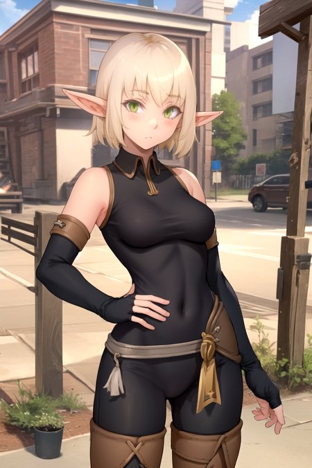 masterpiece, best quality, evangelyneold, 1girl,  black gloves, blonde hair, blush, elf, fingerless gloves, gloves, green eyes, pointy ears, short hair, solo, outdoors  <lora:Evangelynev1:0.6>  <lora:Gentsuki:1>