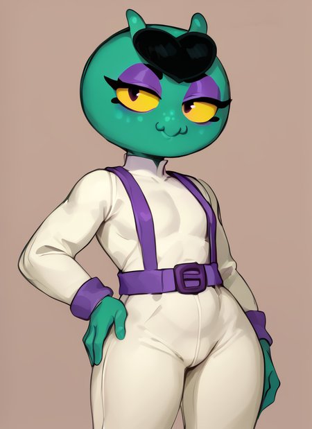 score_9, score_8_up, score_7_up,   <lora:bseve:1> bseve  ,1 girl , green skin , no humans, monobrow , no hair ,yellow sclera, antennae,  eyeshadow, suspenders ,white bodysuit,  long sleeves, pants , suspenders,  , smile , half-closed eyes, hand on own hip,    ,looking at viewer, <lora:Kittew-4RCH0N:1>
