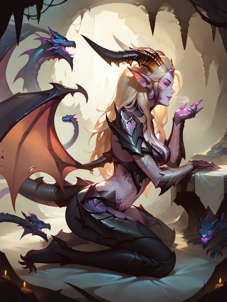 score_9, score_8_up, score_7_up, BREAK, Zyra Dragon Sorceress, 1girl, solo, long blond hair, dragon horns, purple scale on face, bridgeless bra, scale on body, scaled shoulder pads, claws, scale bracers, dragon snakes on hands, scaly pants, claws on feet, dragon wings, tail, evil cave background, (cave), sitting on black stone throne, one hand in hair, sirk, side view, Concept Art Twilight, sitting on bed, sunset, dim light, shadows, heavy breath, obsessed look, spread legs, sittin on her legs, kneeling, ExpressiveH <lora:ZyraDS:1>  <lora:Concept Art Twilight Style SDXL_LoRA_Pony Diffusion V6 XL:1>  <lora:Expressive_H:1>