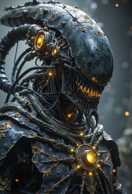 Alien cyborg, biomechanical limbs, pulsating tubes, glowing glyphs, sinister grin <lora:Elden_Ring_-_Yoshitaka_Amano.safetensors:1.0>,  <lora:black_fantasy.safetensors:0.75>,