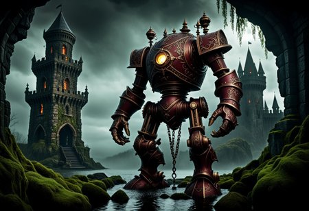 giant bipedal robot dirty dark red and dark green, bronze paisley robot. lacy robot metal kettle head. outside of a steampunk keep. large detailed torso. dark image. one forty foot tall ancient robot with great arms and two heavy spring legs. dark foggy night background. $dark foggy night image only. dark photo realistic image. steampunk details. cogs, chains and pipes incorporated in the fantasy buildings. magic wizards tower in background. Dark swamp, moss, castle ruins, wizards tower. stormy dark night.  stormy sky.