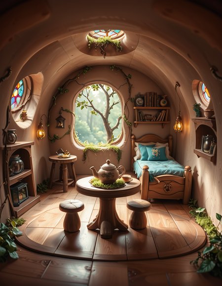 score_9, score_8_up, score_7_up,amazing quality, ultra realistic, 3D, HD, best quality, amazing quality, very aesthetic, absurdres
A highly detailed, realistic photograph of a tiny gnome house nestled at the base of an ancient oak tree, taken in soft morning light with a gentle mist hanging in the air. The house is crafted from natural materials: smooth stones form the lower walls, and curved wooden planks create a round, thatched roof with patches of moss and small wildflowers growing on top. Tiny circular windows with stained glass panels glow faintly from within, casting warm amber and green hues. A miniature wooden door with intricate carvings sits slightly ajar, surrounded by tiny lanterns that hang from delicate hooks, each softly glowing. Around the house, the forest floor is covered in dew-kissed clover, mushrooms of varying sizes and colors, and winding little cobblestone paths. In the background, tall ferns and oversized leaves tower, giving the scene an enchanted, hidden feel. Subtle rays of sunlight break through the canopy above, highlighting fine details with a dreamy, ethereal atmosphere. Hyper-realistic style, high-resolution, rich earthy tones, with an overall cozy and magical woodland vibe. No creatures or people, only nature and the charming architecture of the gnome's home.
<lora:SDXLFaeTastic2400:0.4> <lora:extremely_detailed:0.4> extremely detailed,tiny gnome h0us3 <lora:tiny_gnome_h0us3-p:1>