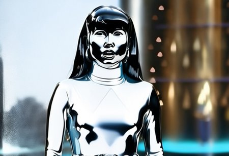 chrome statue of power ranger Trini, long straight hair tucked-behind-shoulders, chrome hairband, bangs, alone, helmetless, chrome catsuit, chrome turtleneck collar, chrome gloves belt, large chunky chrome hoop earrings, worried facial expression, gasping, entirely made of chrome, hyperdetailed photography, command centre