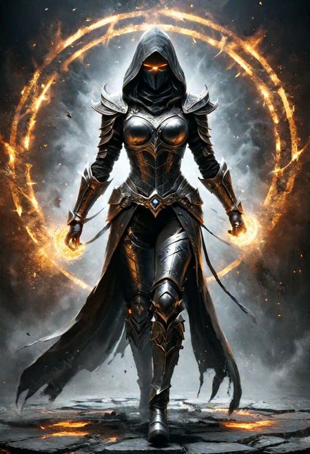 Digital painting. Full body. In a dark fantasy dungeon, a mysterious female ,  muscular, dark canvas clothes, canvas hood, war mask, silver ornaments. Runic tattoos. Mystic power. glowing eyes. Power Runic circle. Dimensional portal. Sensual and dangerous. ais-darkpartz. colorful. DarkFantasy