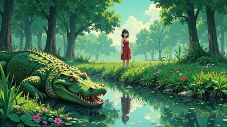 a crocodile in a swamp beautiful anime landscape, noon, woman, very intricate, very detailed, sharp, bright, colorful, <lora:Hand v2:0.5> <lora:Anti-Blur:1><lora:Insane Detail Slider:0.25>  <lora:flux.1_lora_flyway_Epic-detail_v2:0.3> <lora:fluxenhancer:0.25> <lora:ROWER:0.8>  <lora:Flux_Anime_Retro_Style:0.7> retroanime