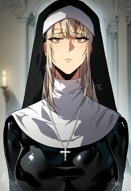 score_9, score_8_up, score_7_up, score_6_up, source_anime, rating_explicit, 1girl, solo, huge breasts, <lora:Rachelautisponyxl:1> long hair, brown eyes, blonde hair, grey hair, scar, traditional nun, habit, black bodysuit, latex bodysuit, skin tight, cross necklace, expressionless, Narrow shoulders, heavy breathing, steaming body, cathedral, indoors, looking at viewer, standing, close-up