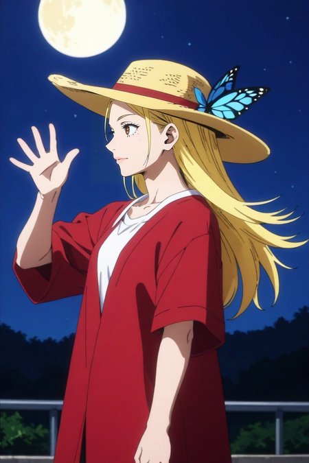 score_9, score_8_up, score_7_up, source_anime, rating_safe, , anime screencap, anime coloring, , , , 1girl, solo, <lora:cathleen_bate_pony:0.84>, cathleen_bate, blonde hair, brown eyes, long hair, , rule of thirds, ayers rock, night, full moon, waving, relaxed, poncho, miniskirt, amber headwear, butterfly hair ornament, <lora:sdxl_lightning_8step_lora:1>