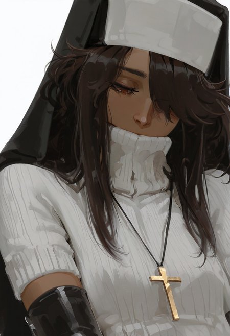 masterpiece, best quality, amazing quality, <lora:carlini_illustrious:0.8>, Carlini, dark skin, brown hair, long hair, hair over one eye, brown eyes, habit, nun , nun dress, elbow gloves, simple background, white background, sweater, eyelashes, turtleneck, looking down, half-closed eyes, portrait, pale skin, close-up, covered mouth, white sweater, long eyelashes,
wlop, nhl-001, limited palette, realistic <lora:noobai_ep11_stabilizer_v0.138_fp16:0.3> <lora:NOOB_vp1_detailer_by_volnovik_v1:0.3> <lora:nhl-002-nai:0.7> <lora:nhl-001-20:0.8> <lora:XXX667:0.6>