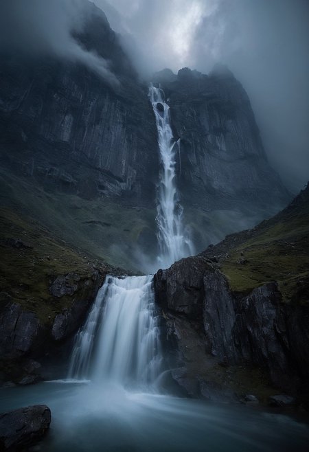 max rive.
Captured by the Sony A7IV with a 20mm G Master lens at a wide aperture of F1.5, this haunting scene of the misty waterfall nestled between towering mountains is enveloped in a moody and melancholic atmosphere, enhanced by long exposure photography. The waterfall, a majestic cascade of water tumbling down from the heights above, is shrouded in a veil of mist, adding an ethereal quality to the landscape.