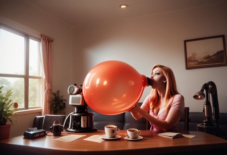 Coffee machine, score_9, score_8_up, score_7_up, score_6_up, score_5_up, score_4_up, flamestyle, perfect face, perfect eyes, she is blowing up a huge balloon, overinflating, the balloon shows wisps of flame inside it.