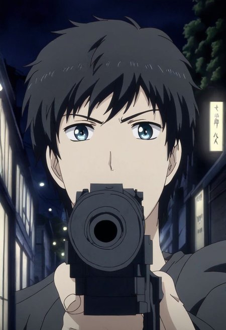 high resolution, solo, best quality, 1Boy, Arata Kaizaki, Black Hair, Blue Eyes, portraits, midnight, dim street lights, mysterious, threatening, gun, aiming the gun to the viewer, OverallDetail