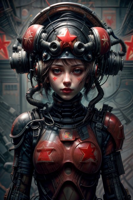 SCI-FI,
cowboy shot,thigh gap,
femenine cyborg,helmet with antenna,mask,armor,
cyberpunk,neon,
high technical room background,
<lora:Concept_-_Hella-sthetic_v2:0.7>,
(USSR,red star \(symbol\):1.5),<lora:Concept_-_More_Details_v1.0:1>,, intricate, elegant, highly detailed, symmetry, magical atmosphere, sharp focus, majestic, very coherent, radiant, advanced, cinematic, artistic, fine detail, winning, beautiful, stunning, dramatic light, designed, rich deep colors, perfect professional background, ambient, tailored set composition