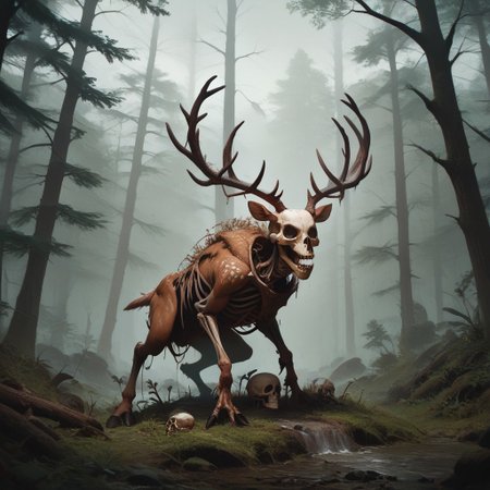 score_9, score_8_up, score_7_up, score_6_up, masterpiece, 4k, high quality, (best quality:1.1),  the forest, background,  monster, dark forest, gloomy, skeleton ,deer
