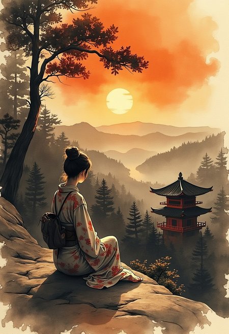 A bold inkplash-meets-watercolor wash artwork, expertly painted on rice paper using rich sepia, burnt henna, and ink-black hues.   intricate linework with expressive contrasts, soft lighting with dynamic highlights, Japanese woman sitting in front of a tori gate at the top of a mountain, overlooking wooded hills, landscape, sunset. Impressionistic, ligne claire outlines for clarity and structure