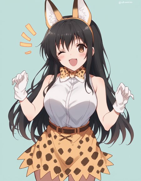 score_9, score_8_up, score_7_up, source_anime, <lora:yui-kotegawa-darkness-ponyxl-lora-nochekaiser:1>, yui kotegawa, black hair, brown eyes, long hair, large breasts, <lora:serval-cosplay-ponyxl-lora-nochekaiser:1>, serval cosplay, serval (kemono friends) (cosplay), serval print, print bowtie, print bow, two-tone bowtie, orange bowtie, two-tone bow, print skirt, white bowtie, orange bow, animal ears, belt, cat ears, fake animal ears, gloves, leopard print, yellow skirt, white shirt, sleeveless, sleeveless shirt,, savannah, open mouth, blush, smile, one eye closed,, cowboy shot, looking at viewer,