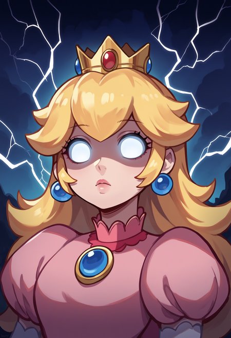 score_9, score_8_up, source_anime, 1girl, incrslowtier, <lora:KYS_XLPD:1.3>, electricity, upper body, glowing eyes, no eyes, expressionless, princess peach, pink dress, crown,