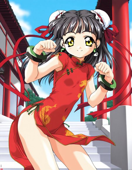 masterpiece, best quality, good quality, <lora:Kounyan_Spiral_NAMI_IS:1>Kounyan, black hair, long hair, double bun, hair bun, bun cover, yellow eyes, ribbon, earrings, flat chest, green jewelry, 2000s \(style\),anime coloring,  short stack,
1girl, solo, chinese clothes, china dress, red dress, smile, paw pose,
bracelet, short hair, 
blue sky,