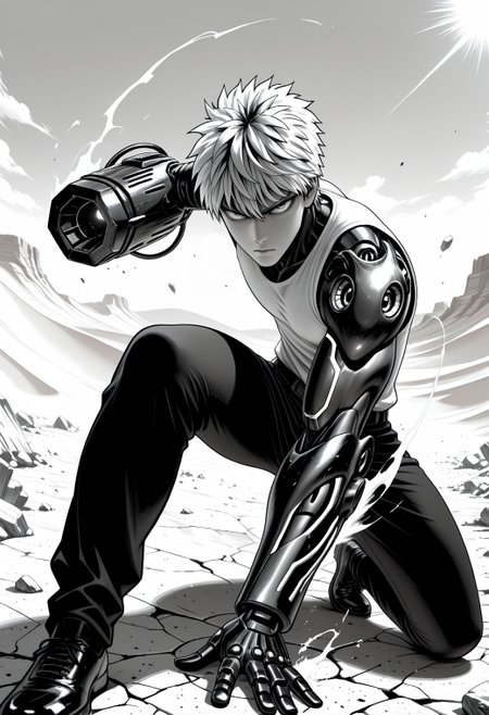 SmoothNoob_Quality, (Murata Yuusuke:1.5), manga style, (greyscale), 1boy, male focus, genos \(one-punch man\), white shirt, sleeveless, closed mouth, black pants, cyborg, cybernetic, mechanical arms, debris, fighting stance, incoming attack, emphasis lines, full body, desert, cracked floor, foreshortening,​​​ steaming body, glowing trim, arm cannon,