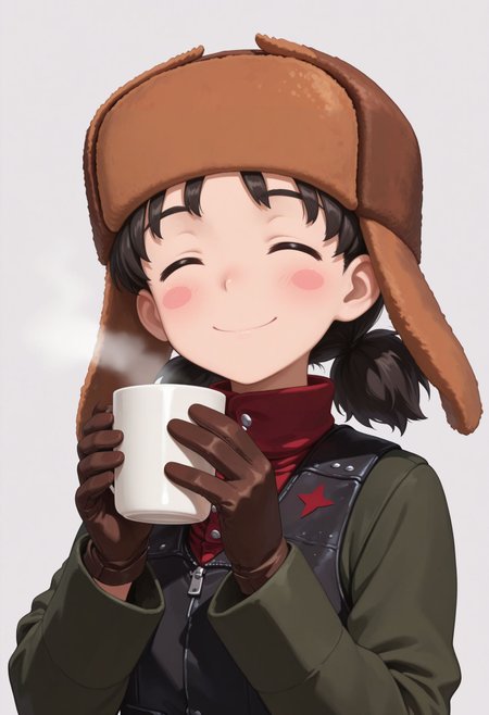 masterpiece, best quality, amazing quality, very awa, looking at viewer,  
 <lora:Nina illu:1> 1girl, pravda military uniform, fur hat, ushanka, black vest, closed eyes, short twintails, white background, smile, low twintails, turtleneck, simple background, short hair, gloves, black hair, long sleeves, jacket, holding cup, brown headwear, red shirt, closed mouth, upper body, blush stickers