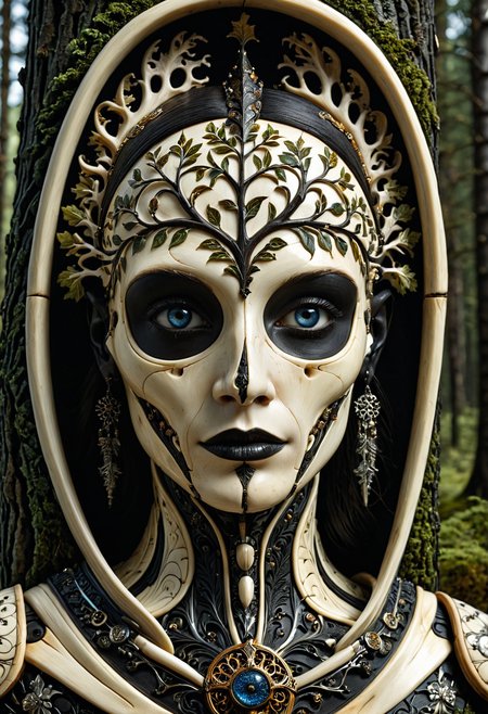 scenic, nature photography,(tree:1.3), intricate tree made out of, ebony, ivory, scrimshaw, bone carving, extremely detailed, intricate detail,
depth of field, face focus, dramatic lighting, detailed shadows, godrays,
battlefield background, medieval, forest background, blurry background,
 <lora:Ebony_and_Ivory_Scrimshaw_style_-_SDXL:1>,, masterpiece, best_quality, amazing_quality, very_aesthetic, 8k, high_quality, highres, absurdres, subject_focus,, detailed eyes, perfect eyes, realistic eyes,, mechanical limbs, cyborg, cybernetic, futuristic, mechanical joints,