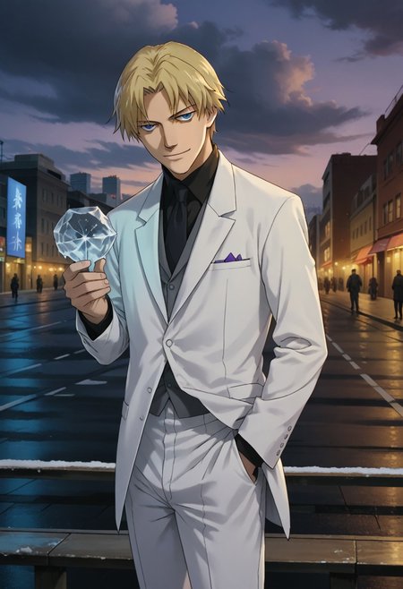 source_anime, D4RK3RTH4NBL4CK, DTB_Style, (XXX Rating), ((score_9)),score_8_up,score_7_up,score_6_up,score_5_up,score_4_up, retro_artstyle, anime style, 1boy, adult male,solo, solo focus, (november_11_(darker_than_black):1.3), suit, necktie, blonde hair, parted bangs, short hair, slicked hair, blue eyes, (long_sleeves, white pants, white suit), (smile), holding ice, casting ice,, ice_spike, ice, frost, icy, looking at viewer, facing viewer, smirk, masterpiece, best quality, highres, best illumination, depth of field, Artist style:komori_takahiro, public indecency, urban, cloudy, night, cityscape background,  outdoors,