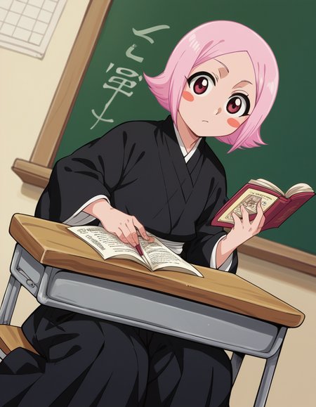 score_9, score_8_up, score_7_up, source_anime, <lora:yachiru-kusajishi-anime-ponyxl-lora-nochekaiser:1>, yachiru kusajishi, short hair, pink hair, pink eyes, blush stickers, forehead,, long sleeves, japanese clothes, hakama, black hakama,, classroom, chalkboard, day time, studying, sitting, chair, desk,, , looking at viewer, hand on waist, elbow up, foot on tiptoe, solo,, cowboy shot, dutch angle