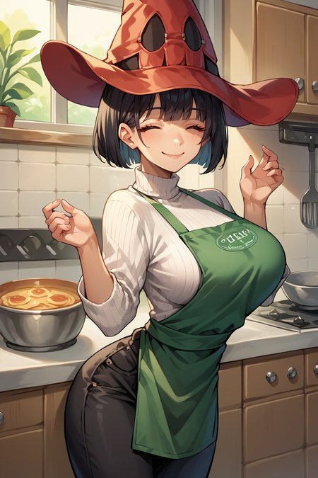 score_9, score_8_up, score_7_up, score_6_up, source_anime, 1girl, solo <lora:ggino-pdxl-nvwls-v1-000005:1> xrdIno, black hair, red hat, large breasts, white turtleneck sweater, green apron, black pants, closed eyes, smile, looking at you, kitchen, hands up