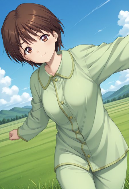 kuon_shiori, brown eyes, brown hair, short hair, light green pajamas, <lora:kuon_shiori_illustrious_ver1:0.8> 
smile,, 1girl, solo, blue sky, (grasslands:1.2), looking at viewer,, masterpiece, best quality, general,, (cowboy shot, dynamic pose:1.4),
