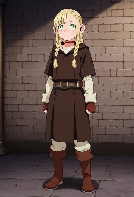newest, masterpiece, best quality, 4k,
indoors, dungeon, brick walls, very aesthetic, detailed background, full body,
1girl, solo, <lora:MarcilleDonato:1> marcillehalffoot, marcille donato,blonde hair, long hair, green eyes, red choker, twin braids,side locks,brown tunic, belt, white turtleneck, long sleeve, fingerless gloves, pants, boots