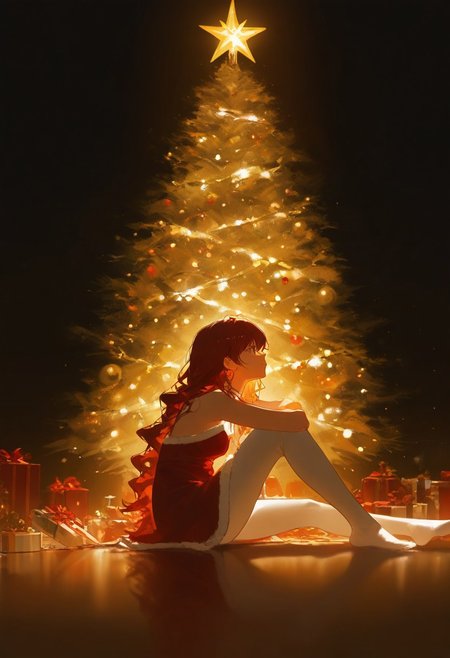 1girl, sitting, bare shoulders, red and black clothes,  white tights, christmas clothes, dark red hair, long wavy hair, small breasts, looking away, christmas tree, christmas decoration, side view, sitting,  christmas lights, masterpiece, highres, absurdres solo, score_9, score_8_up, score_7_up,  2d color,