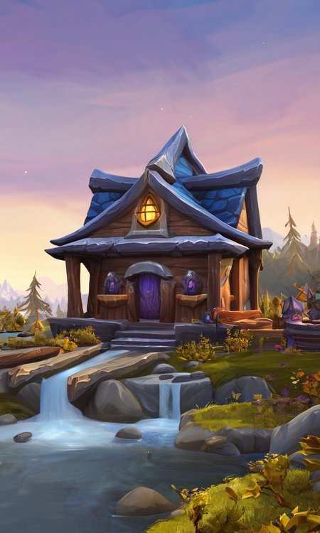 score_9, score_8_up, score_7_up, rating_safe BREAK, world of warcraft, , close-up, cozy cabin in the goods, next to a river, warcraftstyle, <lora:WarcraftStyle_v1:0.8>