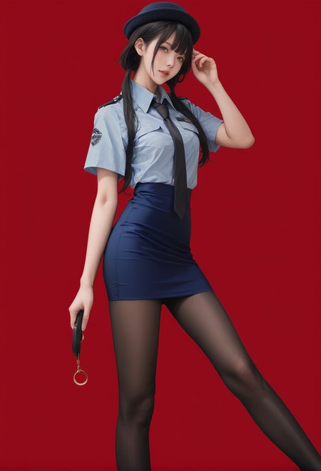 1girl,solo,red background,,ruanyi0820,black necktie,hat,blue shirt,blue skirt,black pantyhose,short sleeves,<lora:0820 tokisaki kurumi policewoman fan costume_v1_pony:0.9>, score_9,score_8_up,score_7_up,,8k,1girl,solo,,
