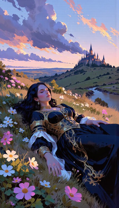 pscho_4rt,mythp0rt,very wide angle, put subject further away, small subject, A digital illustration shoot from the side about a fantasy scene featuring a woman reclining among flowers with a castle in the background during sunset. the image also shows vibrant colors and intricate details. on the middle of the image, a woman, who appears to be in her mid-twenties, with black hair, is lying on her back in a field of flowers, wearing a dark, ornate dress with intricate patterns and a long, flowing skirt. she has a serene expression, with her eyes closed and her mouth slightly open, as if she is lost in thought. her body is slim, and she has large breasts. she is wearing a black dress with ornate patterns, and her dress has intricate details and a flowing skirt that falls to her knees. her hair is long and wavy, and it falls down her back. her eyes are closed, giving her a peaceful and contemplative look. the woman is surrounded by a magical, ethereal atmosphere, with a pink and blue sky filled with clouds and a distant, ruined castle with tall spires in the distance. in the foreground, there are flowers blooming, adding to the dreamy and ethereal feel of the scene.  1girl, solo, long hair, breasts, large breasts, dress, closed eyes, flower, outdoors, lying, sky, cloud, on back, black dress, lips, blue sky, pink clouds, colored skin, grass, pink flower, castle  camera_angle: from side, art_style: digital illustration, location: fantasy setting, background: a castle with towers and towers surrounded by flowers at sunset, text: NA, distance_to_camera: full body, clothing: ornate gown, image_composition: middle, pants: NA;NA, accessory: none, shoes: no shoes, action: reclining in flowers, facing_direction: facing away;facing away, eye_color: closed eyes;closed eyes, facial_expression: serene, gender: 1woman, hair_color;black hair, hairstyle: long hair;long hair, race: light skin;light skin, body: slim