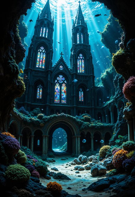 A surreal underwater scene featuring an ancient, sunken cathedral with its towering spires reaching up toward the surface. The cathedral is encrusted with colorful corals, and schools of bioluminescent fish swim gracefully through its stained-glass windows. The water is clear, with rays of sunlight filtering down, creating a serene yet eerie ambiance. The floor of the cathedral is covered in soft sand, with ancient, broken statues and relics scattered around. The image captures the mysterious beauty of an underwater world where time seems to stand still.   <lora:flux_vividizer:0.8> <lora:aidmaMJ6.1-FLUX-V0.1:0.6> midjourneyv6.1,