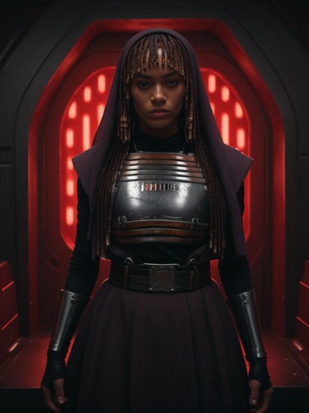 score_9, score_8_up, score_7_up, score_6_up, night, dark lighting, (dark atmosphere, red lights:1.2) <lora:SW_Imperial_Style:1> Imperial-Style, Imperial-Tech, Star Wars, window, female, dark skin, lips, dress, breastplate, armor, brown hair, blunt bangs, red dreadlocks, long hair, purple veil, standing, serious, intimidating,  <lora:Mae-ho_Aniseya:1>