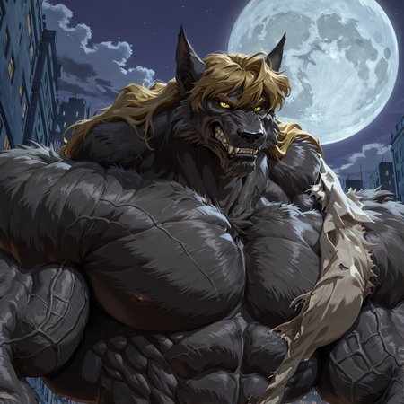 masterpiece, best quality, amazing quality, very aesthetic, dynamyc pose, dynamic angle, city, full moon, absurdres, newest, high quality, detailed, male, furry male, solo male, 1boy, mature male, athletic build, muscle biceps, sexy abs, muscle chest, anthro, looking at viewer, <lora:Uneven_Growth_PonyILXL:0.2>, veiny muscles, veins, big fangs, hyper muscle masculine neck, bulging neck muscles, <lora:Male_hyper_muscle_neck:0.2>, full moon, <lora:add-detail-xl:0.5>, detailed face, perfect face, detailed eyes, clenched teeth, smirking, <lora:Lucas_Amato_Illustrious_Cyber_Six:0.6>, lucasamato, werewolf, black fur, blonde hair, animal ears, white torn shirt, yellow eyes, long hair, close portrait, close up, <lora:hyper_muscles_CEUNAST_v1-1_ILXL_quantile:0.3>, <lora:Male_Himbo_Lips:0.2>, veiny body, <lora:DarkFantasy_Buns:0.2>, <lora:kusunagi_IL:0.4>