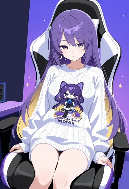 1girl, masterpiece,best quality,amazing quality, no lineart, moona, vtuber, white ugly sweater, sit on a gaming chair