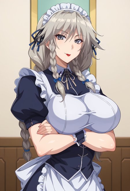 score_9, score_8_up, source_anime  BREAK solo, 1girl,  looking at viewer, close-up, upper body, 
<lora:GrayfiaPdxlDwnsty-000008:1>, Grayfia Lucifuge, grey eyes, grey hair, twin braids, long hair, maid, apron, wrist cuffs, maid headdress, red lips, lipstick, makeup,
curvy, large breasts, naughty face, smile, skindentation, crossed arms, 
indoors, living room, dimly lit,
 <lora:DXD_Hero_Style:0.8>