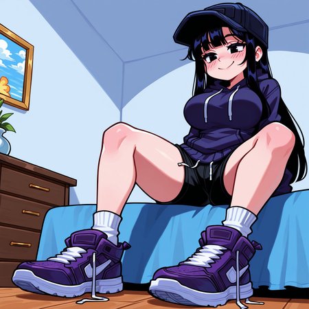 masterpiece, best quality, amazing quality, very aesthetic, absurdres, newest, score_9, score_8_up, 1girl, solo, detailed_eyes, CassetteGirlFNF, light skin, long black hair, loose-fitted dark purple hoodie, light gray drawstrings, black shorts, squarish slightly-torn dark purple hat, purple sneakers, white soles, toe caps, untied laces, black eyes, sitting, smile, blushing, large breasts, large hips, cute, adorable, happy, bedroom, blue bed, 2d,