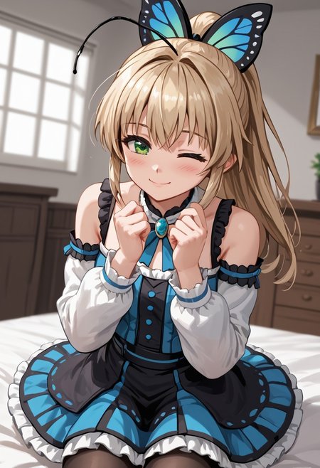 score_4,score_5,score_6,score_7_up,score_8_up,score_9 ((masterpiece,best quality,ultra detailed,highres,HD,4k:1.2)), 
1 cute girl,solo,girl focus,solo focus,face focus,
indoors,
Lumen, blonde hair, light blonde hair, long hair, bangs, green eyes, ponytail, butterfly hair ornament, antennae,
bare shoulders, jewelry, pantyhose, skirt,frill, 
wink,smile,blush,happy,closed mouth,