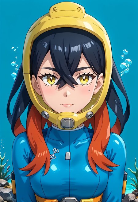PokemonStyle, pokemon \(anime\), full body,solo female, score_9, score_8, score_7, score_6_up, source_anime, anime coloring, anime screencap, official art,
BREAK full body, 1girl, black hair, colored inner hair, crossed bangs, hair between eyes, hairband, long hair under helmet, mole, mole under eye, multicolored hair, red hair, sidelocks, two-tone hair, yellow eyes, floating hair, (blue wetsuit), long sleeves, bare legs, beautiful legs, barefoot,
BREAK
(pokemoncarmine wearing (snug fitting, face-sized(yellow diving helmet contoured to face))), (helmet overlapping chin, helmet overlapping cheeks, helmet overlapping jawline, helmet overlapping ears), shiny glass visor:0.5, 
BREAK underwater, seafloor, rocks, sea-green background:0.25, sea-green overlay:0.55, seaweed, neck 
BREAK blue background:0.25, bubbles, BREAK mask snugly on face, regulator, breathing tube, orange oxygen tank strapped to back, harness tightly on chest, belt, swimmingai, floating, bubbles, looking at viewer, diving, looking to side, aloof, closed mouth, vents on helmet, covered ears,