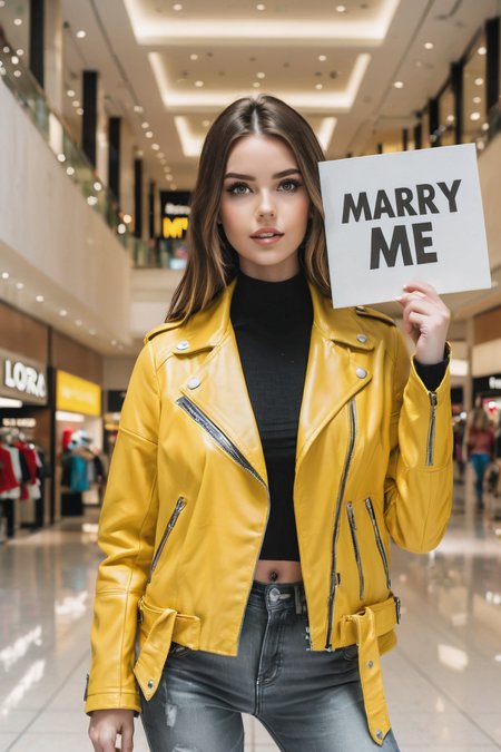 fashion model posing inside a shopping mall, yellow leather jacket holding a sign with text:"marry me" <lora:art-v5:.4> <lora:text:1>