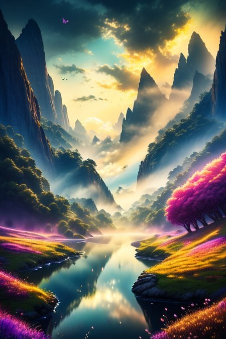 ((masterpiece)), ((best quality)), 8k, ultra-detailed, vibrant fantasy valley with a river winding into the distance, the camera positioned on top of a hill overlooking the majestic landscape, lush green fields, and rolling hills stretching as far as the eye can see. The scene is filled with vibrant, high-contrast colors, illuminated by magical lighting, with floating particles and glowing wisps of magic drifting through the air. Butterflies flutter around, and exotic birds with radiant feathers fly above, their wings catching the light. The river shimmers as it snakes through the valley, reflecting the vivid sky and glowing clouds. The atmosphere is mystical and enchanted, with ethereal light filtering through the mist. The environment feels alive with magic, glowing flora and sparkling air, exuding a sense of wonder and awe. Artistic composition, cinematic framing, breathtaking detail, and a serene, otherworldly fantasy world.
fantri, easynegative, OverallDetail