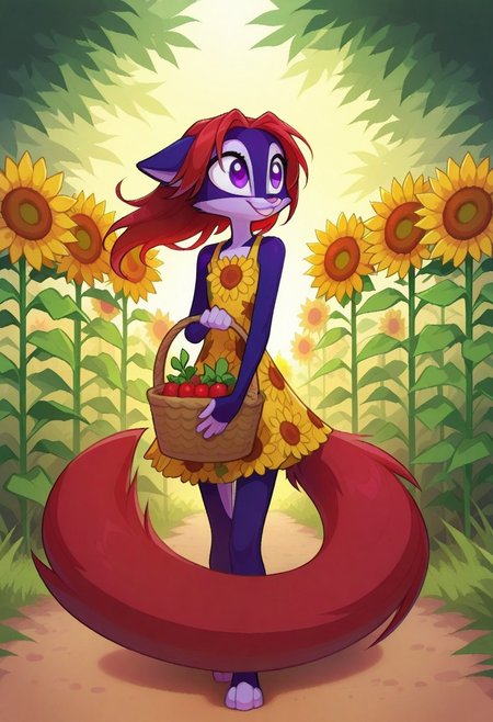 Dreamkeepers,Indi_and_Digo,1girl,solo,furry,tail,source_furry,,red hair,purple fur, purple eyes,
child, kid,
in a sunflower dress holding a basket of fresh berries, standing in a sunlit meadow with butterflies fluttering around her, sunflower_dress, basket, berries, meadow, butterflies, smile, happy, cute, long_hair, outdoor, nature, sunny, pastel_colors, peaceful